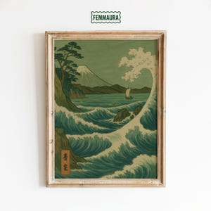 Vintage Japanese Wave & Mt. Fuji Poster – Ocean Wave Print, Japanese Landscape Decor