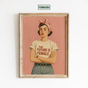 Poster "Il futuro è donna" - Stampa da parete con ragazza retrò femminista, citazione audace, illustrazione politica rosa per case moderne