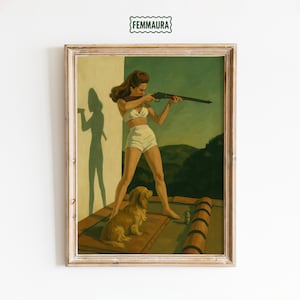 Retro Woman with Rifle Poster – Feminine Power Wall Art in Green Tones