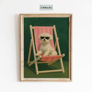 Cool Dog on Deck Chair – Funny Summer Dog Wall Art Print, Retro Beach Pup Poster