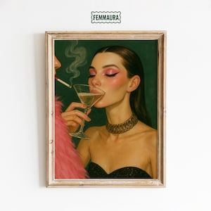 Sip of Secrets – Illustrazione di vita notturna femminile, stampa artistica di Martini e fumo