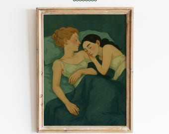 Romantic Lesbian Couple Sleeping Print – Soft Vintage Queer Bedroom Wall Art
