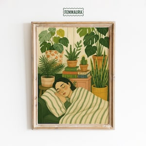 Poster Mädchen in Pflanzen – Gemütliches botanisches Schlafzimmer Kunstdruck, verträumte grüne Innengarten-Wanddeko