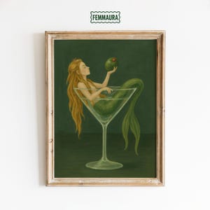 Meerjungfrau im Martini Glas, grüne Wandkunst Druck