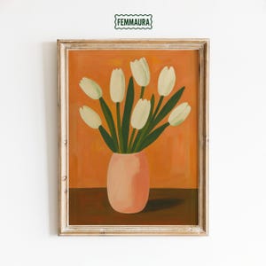 Tulipanes blancos en jarrón de terracota – Lámina floral vintage para pared