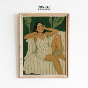 Entspannte Frau Gestreiftes Kleid Kunstdruck - Gemütliche feminine Wandkunst, ruhiges Schlafzimmer Poster, ruhige grüne ästhetische Wohndekoration