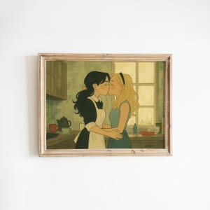 Sapphic Kiss in Sunlit Kitchen – Cozy Lesbian Wall Art Print