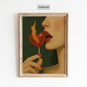 Lecca-lecca a cuore caldo – Illustrazione di labbra sensuali, stampa artistica da parete rossa e femminile
