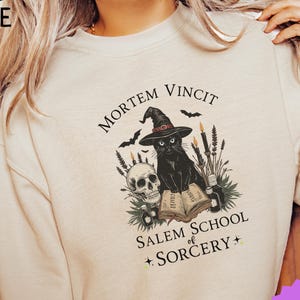 May include: A beige sweatshirt with a black cat in a witch hat, a skull, and the text "MORTEM VINCIT SALEM SCHOOL of SORCERY". The design includes bats, candles, and bottles. The sweatshirt has a crew neck.