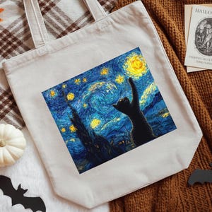 Starry Night Cat Art Tote Bag | Van Gogh Inspired Canvas
