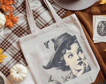 Vintage Witch Halloween Canvas Tote Bag: Black Cat, Pumpkin Design