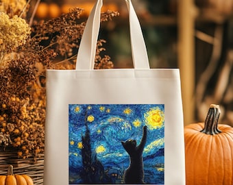 Starry Night Cat Art Tote Bag | Van Gogh Inspired Canvas