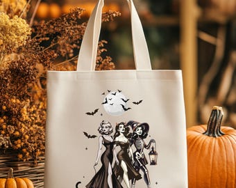 Retro Spooky Girl Gang Halloween Tote Bag | Vintage Gothic Witch Devil Design