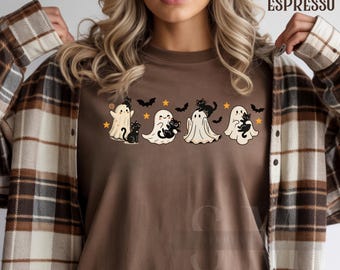 Cute Ghosts & Black Cats Halloween Shirt | Kawaii Spooky Season Tee | Cozy Fall Ghost Cat Shirt | Cute Ghost Shirt for Cat Lovers |Xmas Gift
