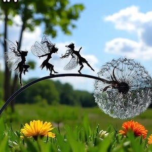 3D Metal Wire dancing Fairy Sculpture on Dandelion | 3D or 2D-Flat | Garden & Home Decor | Handmade Fantasy Fairy Art | Outdoor Fairy Statue