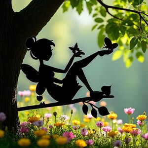 Fairy Sitting on Branch Silhouette, Metal Fairy Garden Art, Whimsical Outdoor Fairy Decor, Magical Garden Sculpture Ornament | Garden Art