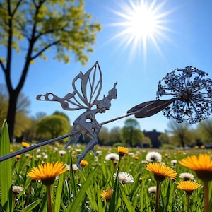 3D Metal Wire dancing Fairy Sculpture on Dandelion | 3D or 2D-Flat | Garden & Home Decor | Handmade Fantasy Fairy Art | Outdoor Fairy Statue