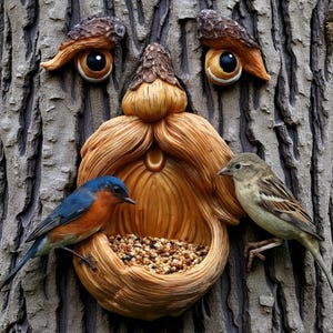 Funny Tree Face Bird Feeder | Resin Tree Decoration with Eyes & Beard | Outdoor Garden Wall Art | 5.9x3.94in | Whimsical Bird Feeder | Bee