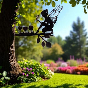 Fairy Kneeling with Flowers Metal Silhouette, Whimsical Fairy Garden Wall Art, Outdoor Tree Decor, Magical Garden Sculpture