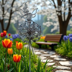 3D Metal dancing Fairy on Dandelion | Enchanted Dandelion Flower Yard Art, Whimsical Outdoor Fairy Decor for Garden & Lawn | Fairy Statue