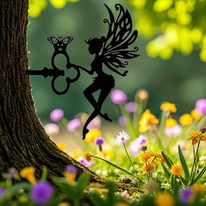 Metal Fairy Wall Decor with Heart Key | 2D Garden Tree Mount Silhouette | Outdoor Fairy Decoration | 25×22.4cm Rustic Yard Art | garden art