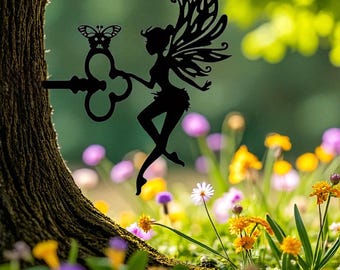 Metal Fairy Wall Decor with Heart Key | 2D Garden Tree Mount Silhouette | Outdoor Fairy Decoration | 25×22.4cm Rustic Yard Art | garden art