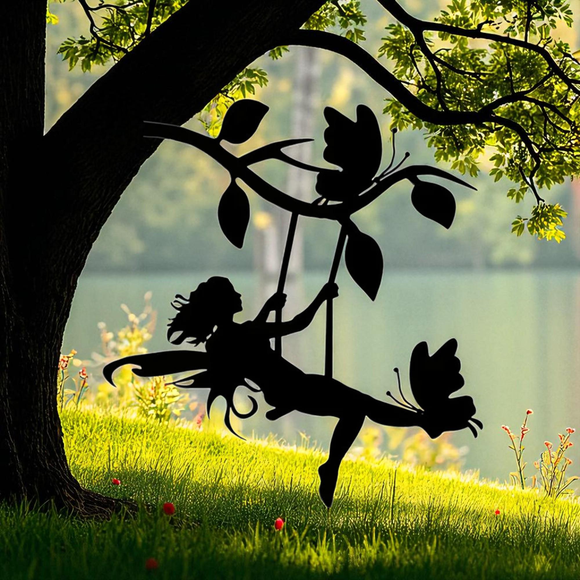 Fairy Garden Swing Silhouette, Metal Fairy Wall Art for Outdoors, Tree Hanging Fairy Decor, Whimsical Garden Ornament Gift Idea | Garden Art