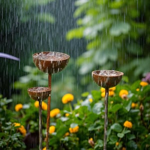 Puede incluir: Arte de jardín de metal oxidado de tres niveles bajo la lluvia. El arte presenta tres elementos en forma de cuenco de diferentes tamaños, montados sobre finos tallos. El fondo incluye exuberante follaje verde y flores amarillas, con lluvia.