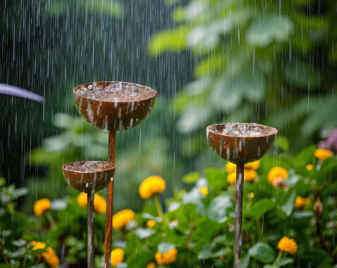 Metal Bee Rain Catcher Stakes: Rustic Garden Water Bowls