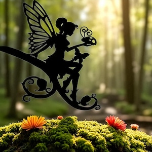 Whimsical Fairy with Wings Metal Silhouette, Fairy Garden Wall Art, Outdoor Tree Hanging Decor, Enchanted Forest Sculpture | Garden Art