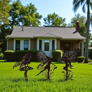 2D Metal Fairy Garden Stakes | 2D Silhouette Yard Decor | Outdoor Fairy Art for Lawn or Flower Beds | 3 Styles | dancing design Yard Art