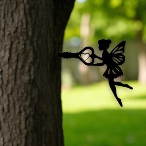 Metal Fairy Wall Decor with Heart Key | 2D Garden Tree Mount Silhouette | Outdoor Fairy Decoration | 25×22.4cm Rustic Yard Art | garden art