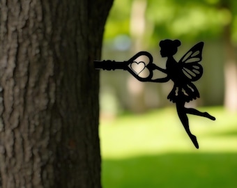 Metal Fairy Wall Decor with Heart Key | 2D Garden Tree Mount Silhouette | Outdoor Fairy Decoration | 25×22.4cm Rustic Yard Art | garden art