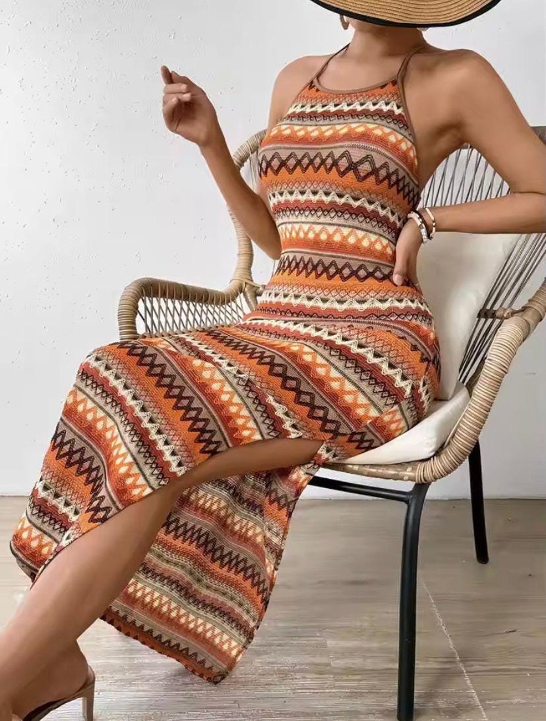 Bohemian Halter Maxi Dress - Women's Summer Striped Beach Dress main image 1