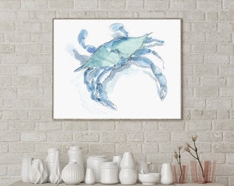 Crab Watercolor Beach Art, Blue Crab Art, Crab Coastal Decor, Watercolor Beach Print, Beach House Decor, Instant Download Watercolor Art