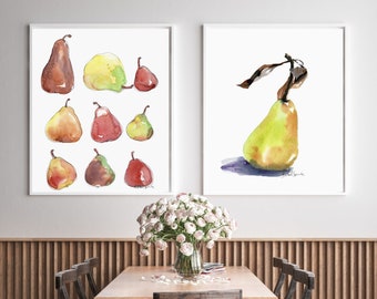 2 Pear Art Prints, Fall Pears, Watercolors, Botanical Art, Kitchen Decor, Kitchen Art, Country Decor, 2 Instant Downloads, Watercolor Art,