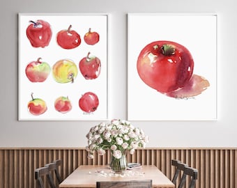 2 Apple Art Prints, Fall Apples, Red Apple, Botanical Art, Kitchen Decor, Kitchen Art, Country Decor, 2 Instant Downloads, Watercolor Art,