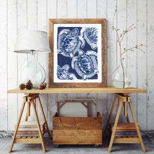 Blue Sea Turtle Watercolor Print: Coastal Beach House Art (Digital Print)