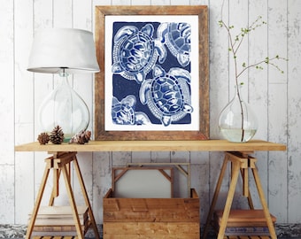 Blue Sea Turtle Watercolor Print: Coastal Beach House Art (Digital Print)