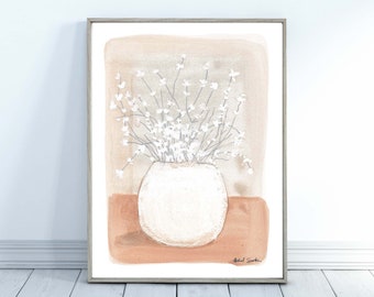 Simple Flower Vase Art, Watercolor Abstract, White Flower Art, Modern Abstract Art, Instant Download, Watercolor Art, Simple Floral Decor