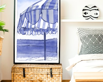 Blue & White Striped Beach Umbrella: Coastal Watercolor Art Print