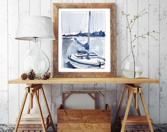 Aquarel kunstafdruk kustzeilboot: nautisch strandhuisdecor