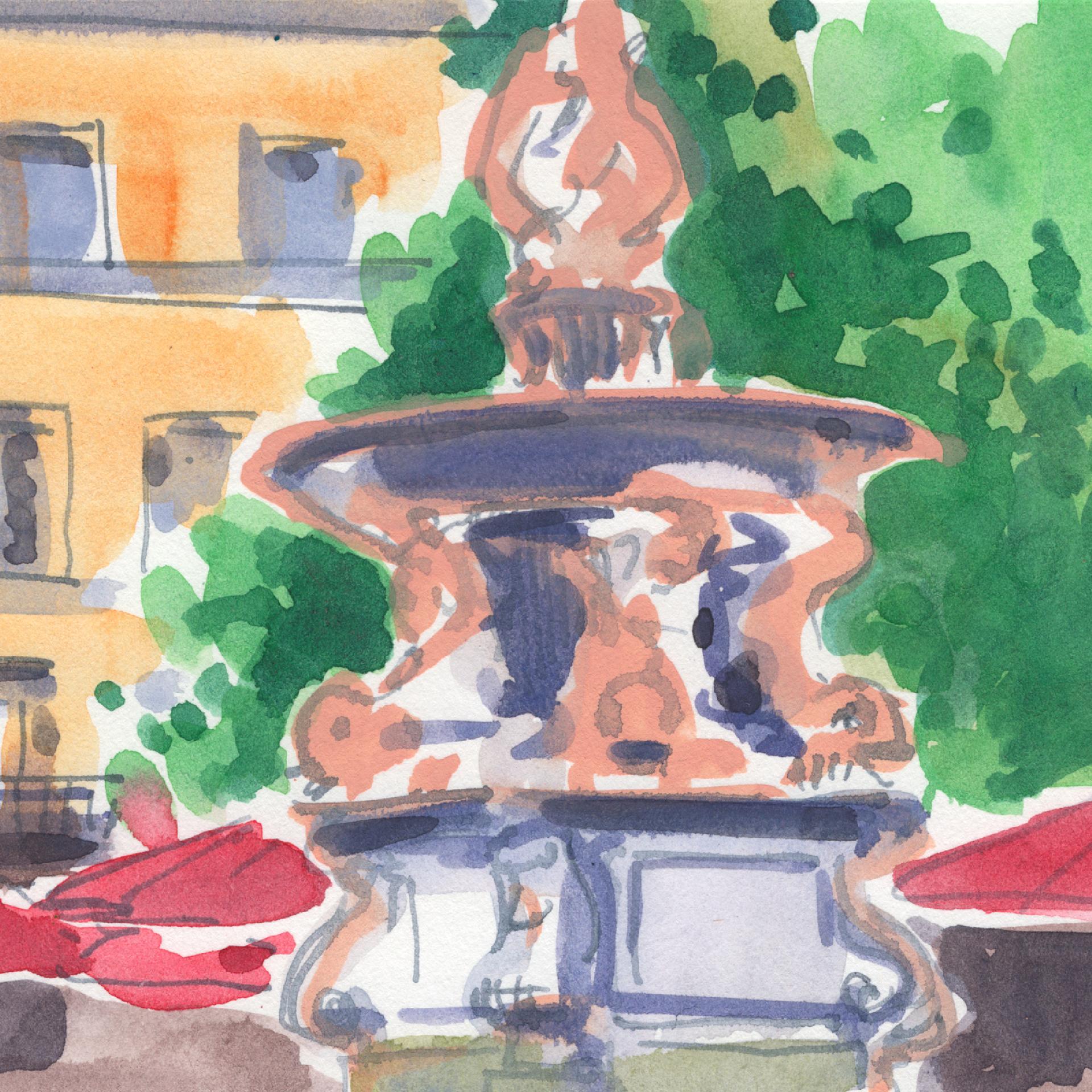 フランスの旅（水彩画） フランスの噴水水彩画：南フランスの風景、額入りファインアート