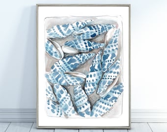 Lámina de acuarela de conchas azules, decoración para casa de playa costera (descarga digital)