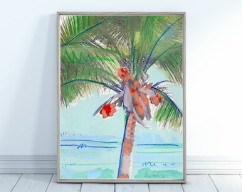 Palm Tree Beach Print, Palm Tree Print, Beach Art, Watercolor Beach Print, Palm Tree, Beach Print, Beach House Decor, Digital Download Art