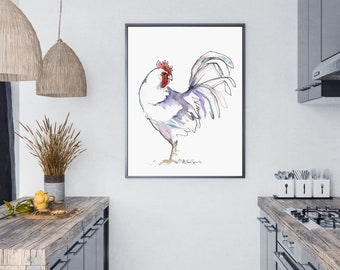 White Rooster Art, Botanical Art, Kitchen Decor, Kitchen Wall Art, Rooster Farm House Decor, Country Art, Instant Download, Watercolor Art,