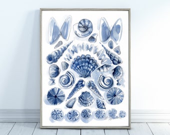 Shells Watercolor Art, Blue Shells Art, Shell Collection Coastal Decor, Watercolor Beach Print, Beach House Decor, Instant Download Art