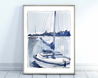Lámina de velero azul en acuarela, decoración para casa de playa (descarga digital)