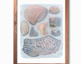 Impresión artística de conchas de acuarela: tesoros de playa, decoración de pared costera