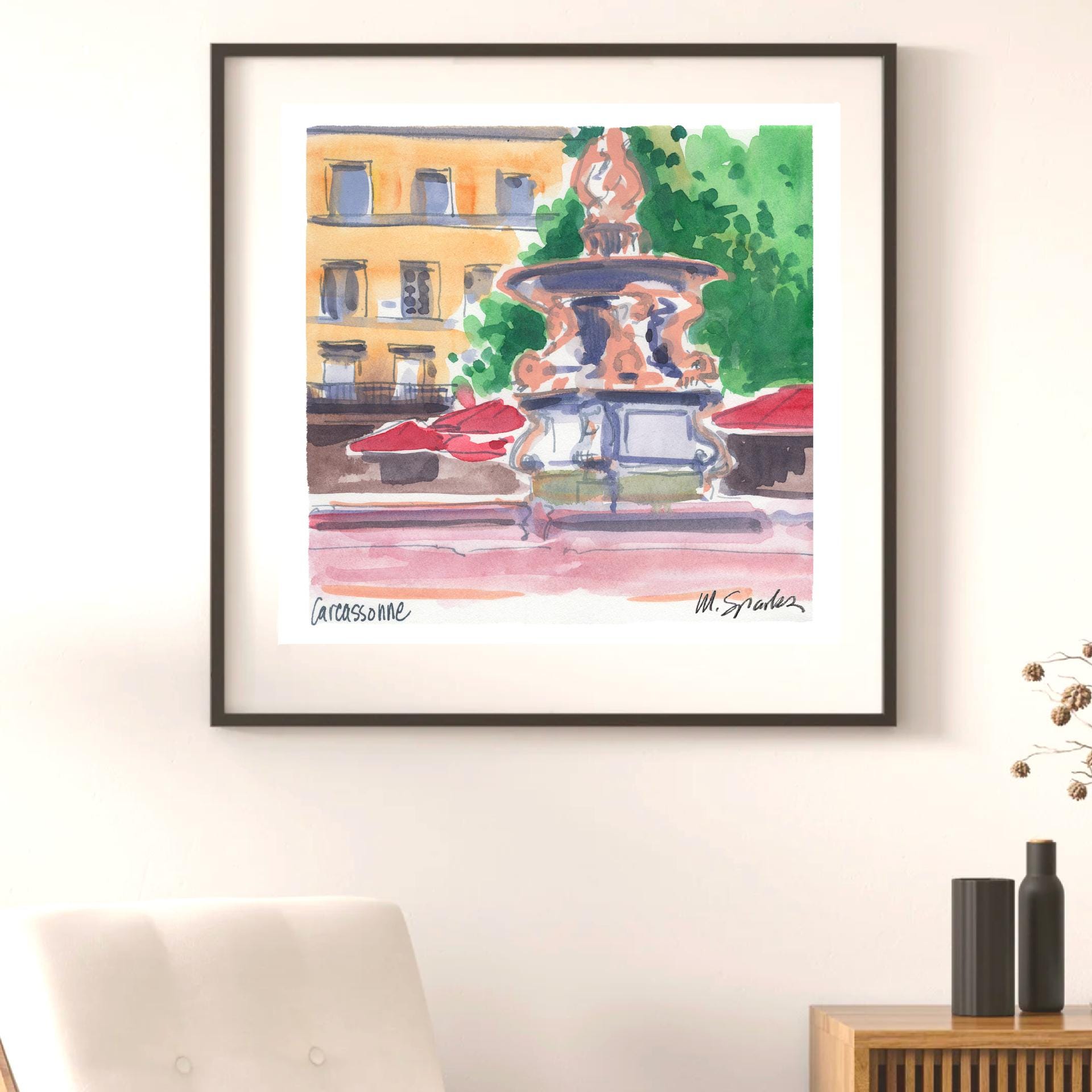 フランスの噴水水彩画：南フランスの風景、額入りファインアート
